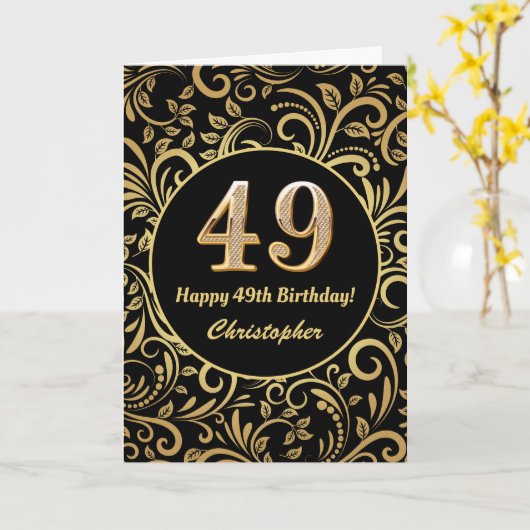 49e Birthday Black en Gold Floral Pattern Kaart (Gele Bloem)
