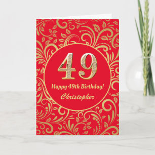 49e Birthday Red en Gold Floral Pattern Kaart