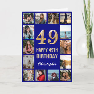 49e Happy Birthday Navy Blue & Gold Photo Collage Kaart