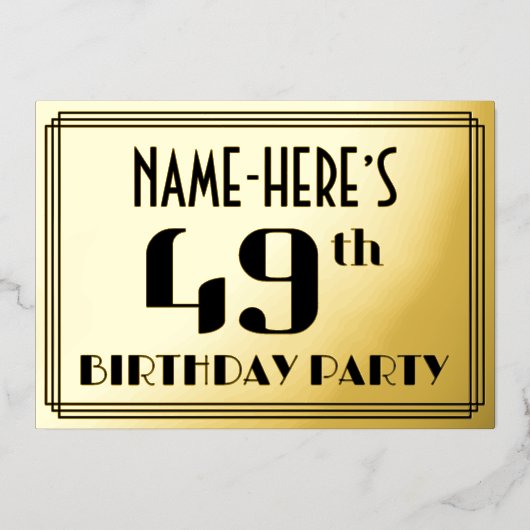 49e verjaardag: Art Deco Kijk "49" en naam Folie Uitnodiging (Voorkant)