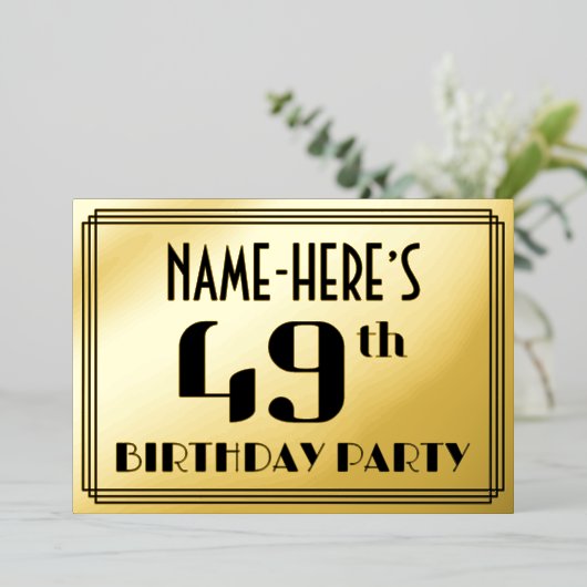 49e verjaardag: Art Deco Kijk "49" en naam Folie Uitnodiging (Staand Voorkant)