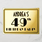 49e verjaardag — Art Deco look "49" + naam Folie Uitnodiging (Voorkant)