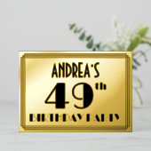 49e verjaardag — Art Deco look "49" + naam Folie Uitnodiging (Staand Voorkant)