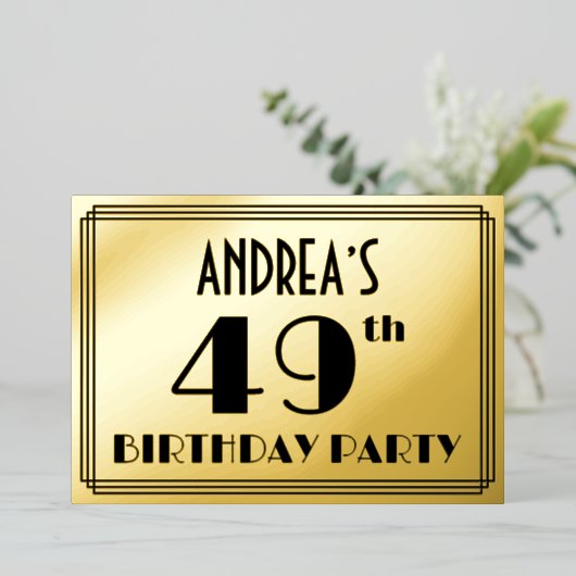 49e verjaardag — Art Deco look "49" + naam Folie Uitnodiging (Staand Voorkant)