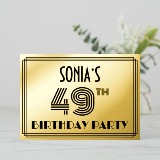 49e verjaardag — Art Deco Style "49" en naam Folie Uitnodiging (Staand Voorkant)