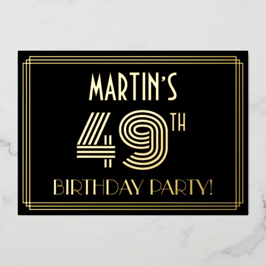 49e verjaardag — Art Deco Style "49" + Naam Folie Uitnodiging (Voorkant)
