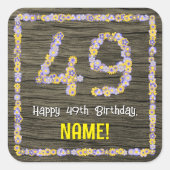 49e verjaardag: Bloemennummer, Faux Wood Look, Naa Vierkante Sticker (Voorkant)