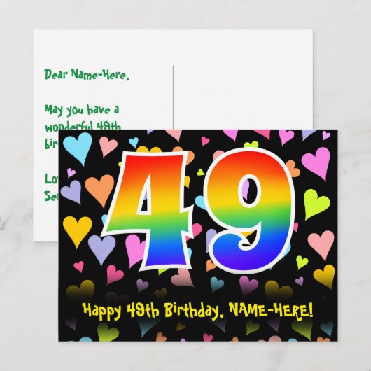 49e verjaardag: Fun Hearts Pattern, Regenboog 49 Briefkaart (Voorkant / Achterkant)