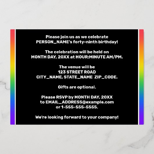 49e verjaardag: Fun, kleurrijk regenboogpatroon Folie Uitnodiging (Achterkant)