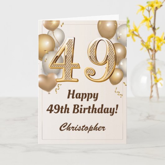 49e verjaardag goudballonnen en Confetti verjaarda Kaart (Gele Bloem)