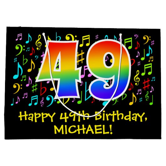 49e verjaardag - Kleurrijke muzieksymbolen, Rainbo Groot Cadeauzakje (Achterkant)