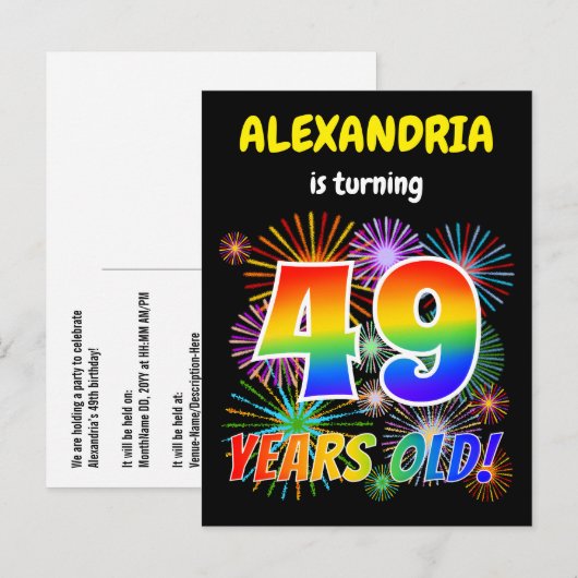 49e verjaardag - Leuk vuurwerk, Rainbow Look "49" Briefkaart (Voorkant / Achterkant)