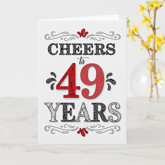 49e verjaardag Proost in rood wit zwart patroon Kaart (Gele Bloem)