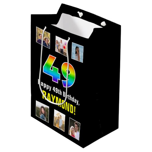 49e verjaardag: Regenboog "49", aangepaste foto's  Medium Cadeauzakje (Voorkant Gekanteld)