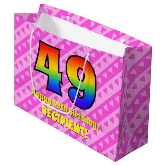 49e verjaardag: Roze strips & harten, regenboognr. Groot Cadeauzakje (Voorkant Gekanteld)