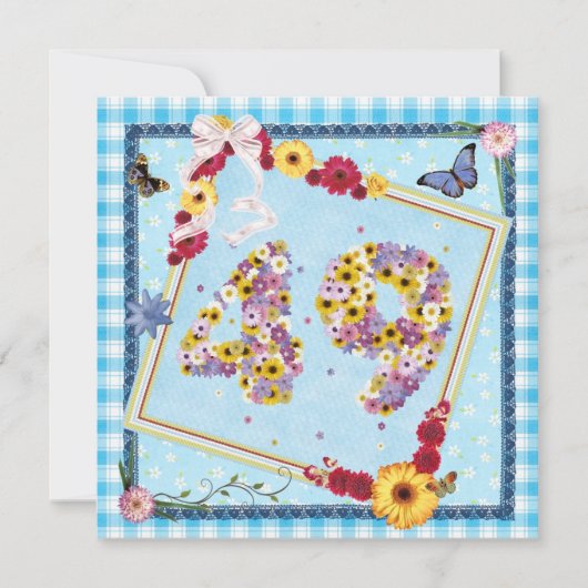 49e verjaardag Uitnodiging bloemen, vlinders (Voorkant)