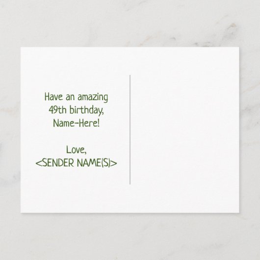 49e verjaardag: Vet, Leuk, Eenvoudig, Regenboog 49 Briefkaart (Achterkant)