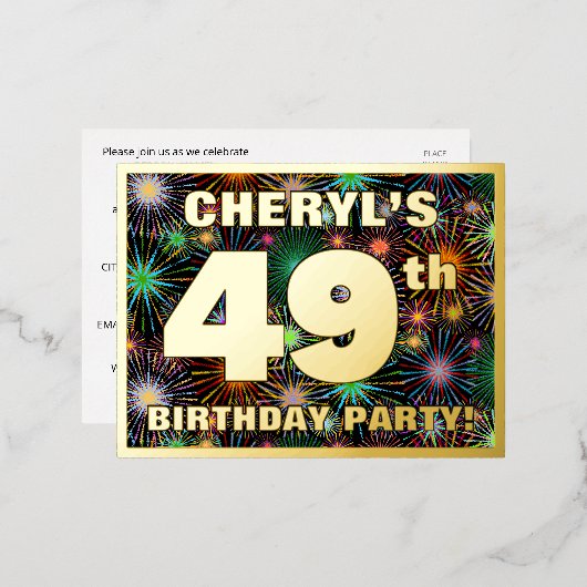 49e verjaardag: Vette, kleurrijke Fireworks-look Folie Uitnodiging Briefkaart (Voorkant / Achterkant)