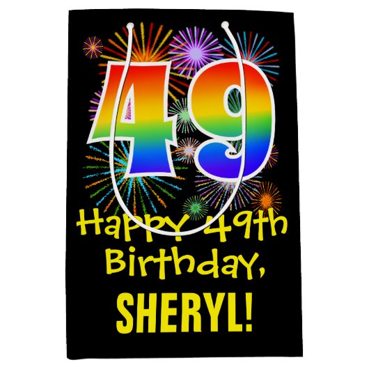 49e verjaardag: Vuurwerk Fun Pattern + Regenboog 4 Medium Cadeauzakje (Voorkant)