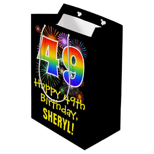 49e verjaardag: Vuurwerk Fun Pattern + Regenboog 4 Medium Cadeauzakje (Achterkant Gekanteld)