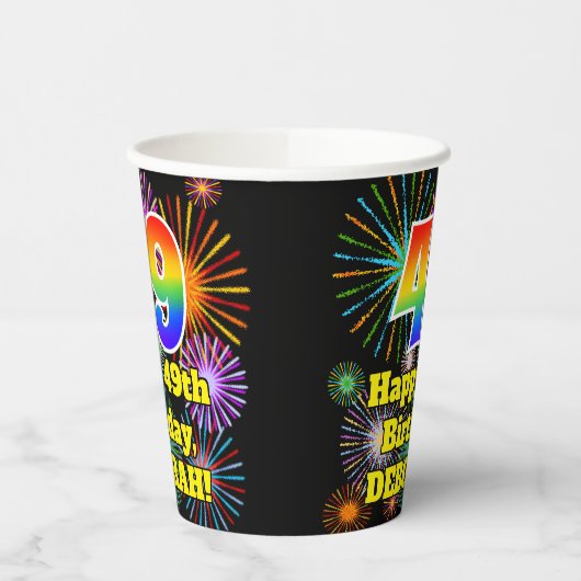 49e verjaardag: Vuurwerk Fun Pattern + Regenboog 4 Papieren Bekers (Links)