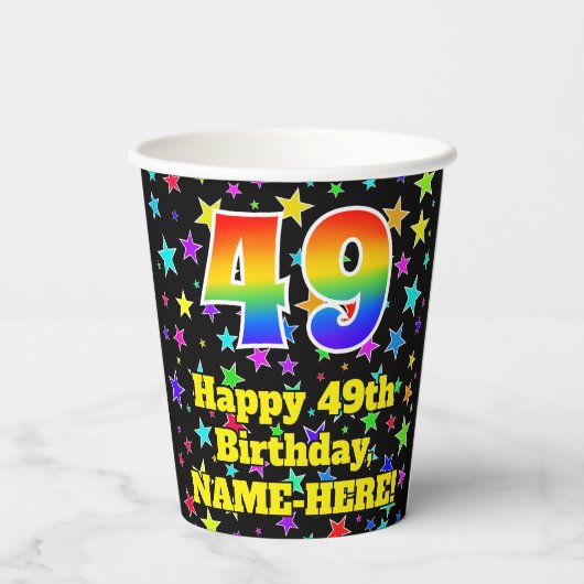49th Birthday: Fun Stars Pattern and Rainbow 49 Papieren Bekers (Achterkant)