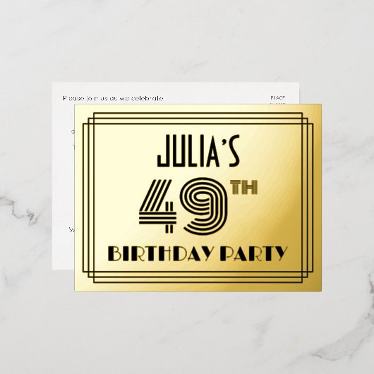 49th Birthday Party ~ Art Deco Style "49" + naam Folie Uitnodiging Briefkaart (Voorkant / Achterkant)