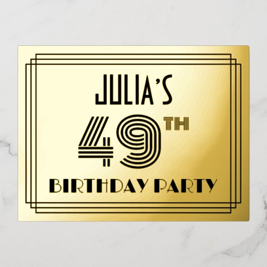 49th Birthday Party ~ Art Deco Style "49" + naam Folie Uitnodiging Briefkaart (Voorkant)