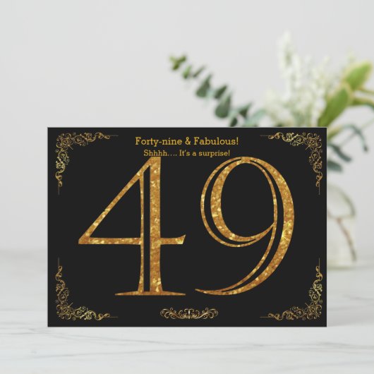49th Birthday party, Gatsby styl, zwarte goudglitt Kaart (Staand voorkant)