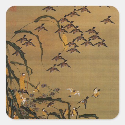 4. 秋 群 図, 若 冲 Sparrows, Jakuchu Vierkante Sticker (Voorkant)