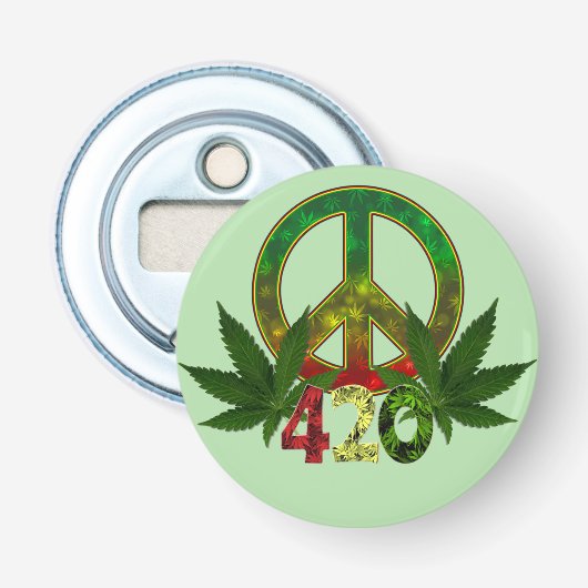 4 20 Rasta Vrede Wiet Groen Button Flesopener (Voorkant)
