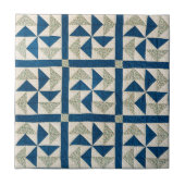 4.25" Blauw Wit Pinwheel Patchwork Quilt Patroon Tegeltje (Voorkant)
