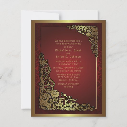 4,25x5,5-inch Damask Luxury Golden Red Wedding Inv Kaart (Voorkant)
