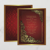 4,25x5,5-inch Damask Luxury Golden Red Wedding Inv Kaart (Voorkant / Achterkant)