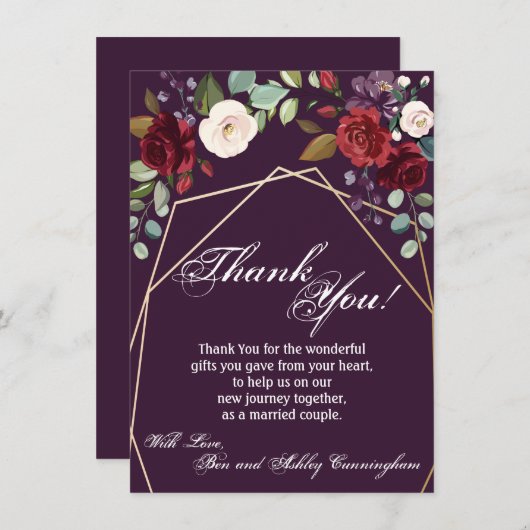 4.5x6.25 Dank u kaart Plum Paarse Rozen Gold Geo (Voorkant / Achterkant)