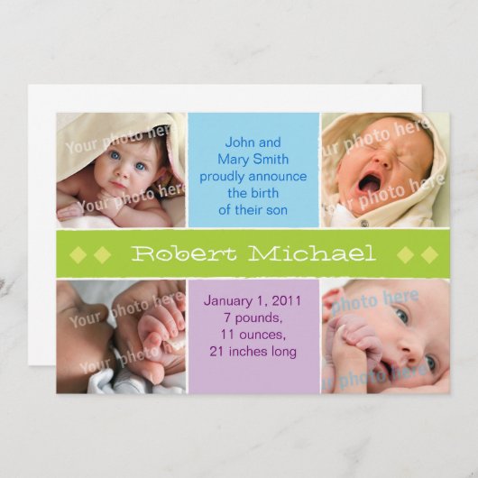 4 afbeelding groene geboorteaankondiging aankondiging (Voorkant / Achterkant)