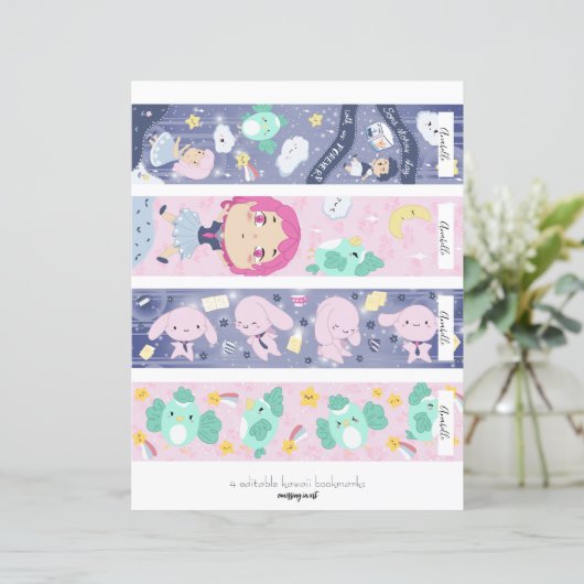 4 Bewerkbaar Kawaii Blue & Roze Bladwijzer (Staand voorkant)