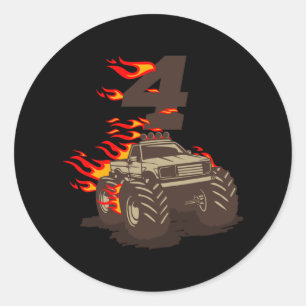 4 BIRTHDAAG MONSTER TRUCK 4th Birthday Boy Truck Ronde Sticker