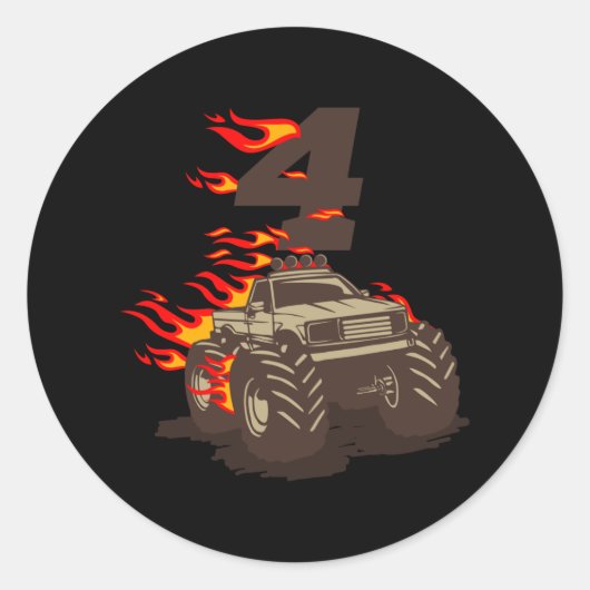 4 BIRTHDAY MONSTER TRUCK 4th Birthday Boy Truck Ronde Sticker (Voorkant)