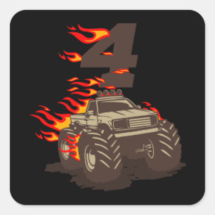 4 BIRTHDAY MONSTER TRUCK 4th Birthday Boy Truck Vierkante Sticker