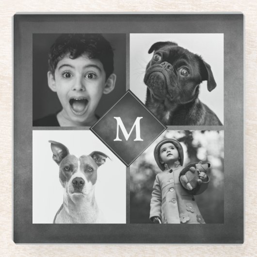4 Black White Photo Chalkboard Collage Monogram Glazen Onderzetter (Voorkant)