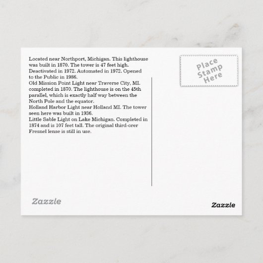 4 Briefkaarten van vuurtoren van het meer van Mich (Achterkant)