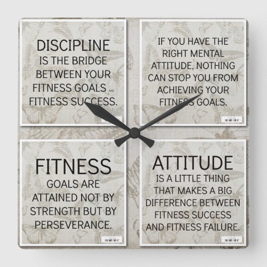 4 Citaten voor fitness Motivation: Wall Clock Vierkante Klok (Voorkant)
