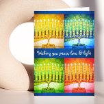 4 Colorful Hanukkah Menorahs Peace Love Light Chic Feestdagen Kaart<br><div class="desc">“Wishing you peace, love, & light. Happy Hanukkah!” A close-up photo of 4 brightly colored artsy menorahs help you usher in the holiday of Hanukkah. Feel the warmth and joy of the holiday season whenever you send this stunning, colorful Hanukkah greeting card. Matching envelopes, stickers, stamps, tote bags, serving trays,...</div>