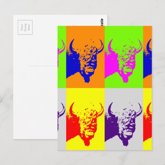 4 Colour Pop Art Buffalo Bison Briefkaart (Voorkant / Achterkant)