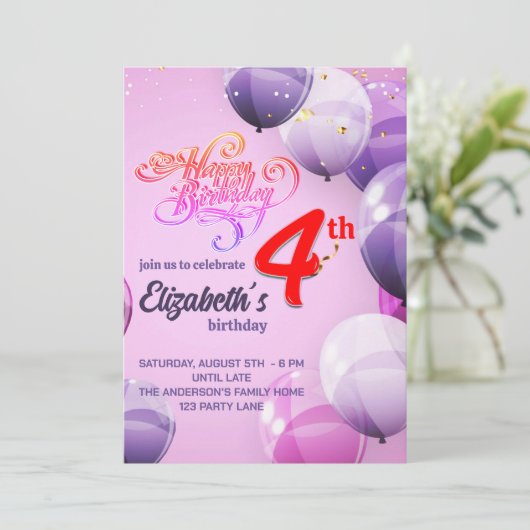 4 DE JAAR OUDE MEISJES VERJAARDAG UITNODIGING (Staand voorkant)