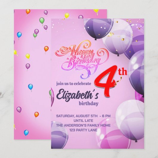 4 DE JAAR OUDE MEISJES VERJAARDAG UITNODIGING (Voorkant / Achterkant)