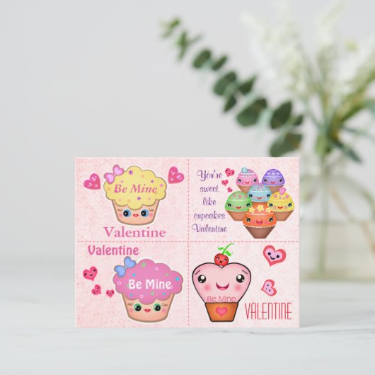 4 de Valentijnse Kaarten van Kawaii Cupcake Feestdagenkaart (Staand voorkant)