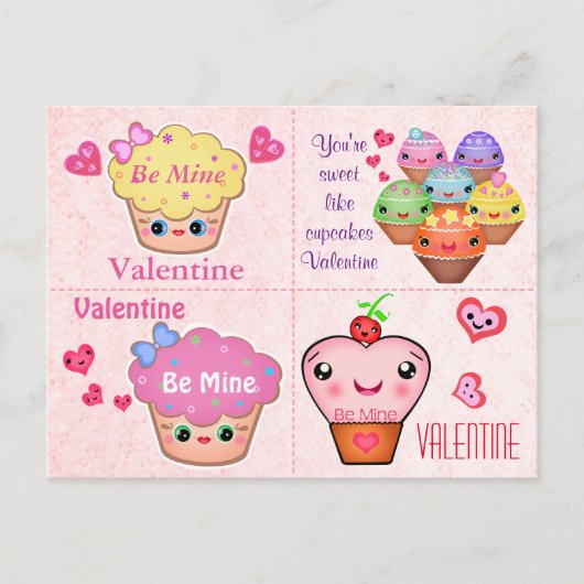 4 de Valentijnse Kaarten van Kawaii Cupcake Feestdagenkaart (Voorkant)