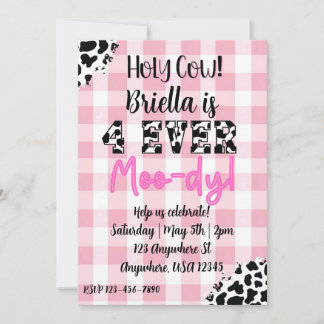 4 Ever Moody Cow Fourth Birthday Invitation Kaart